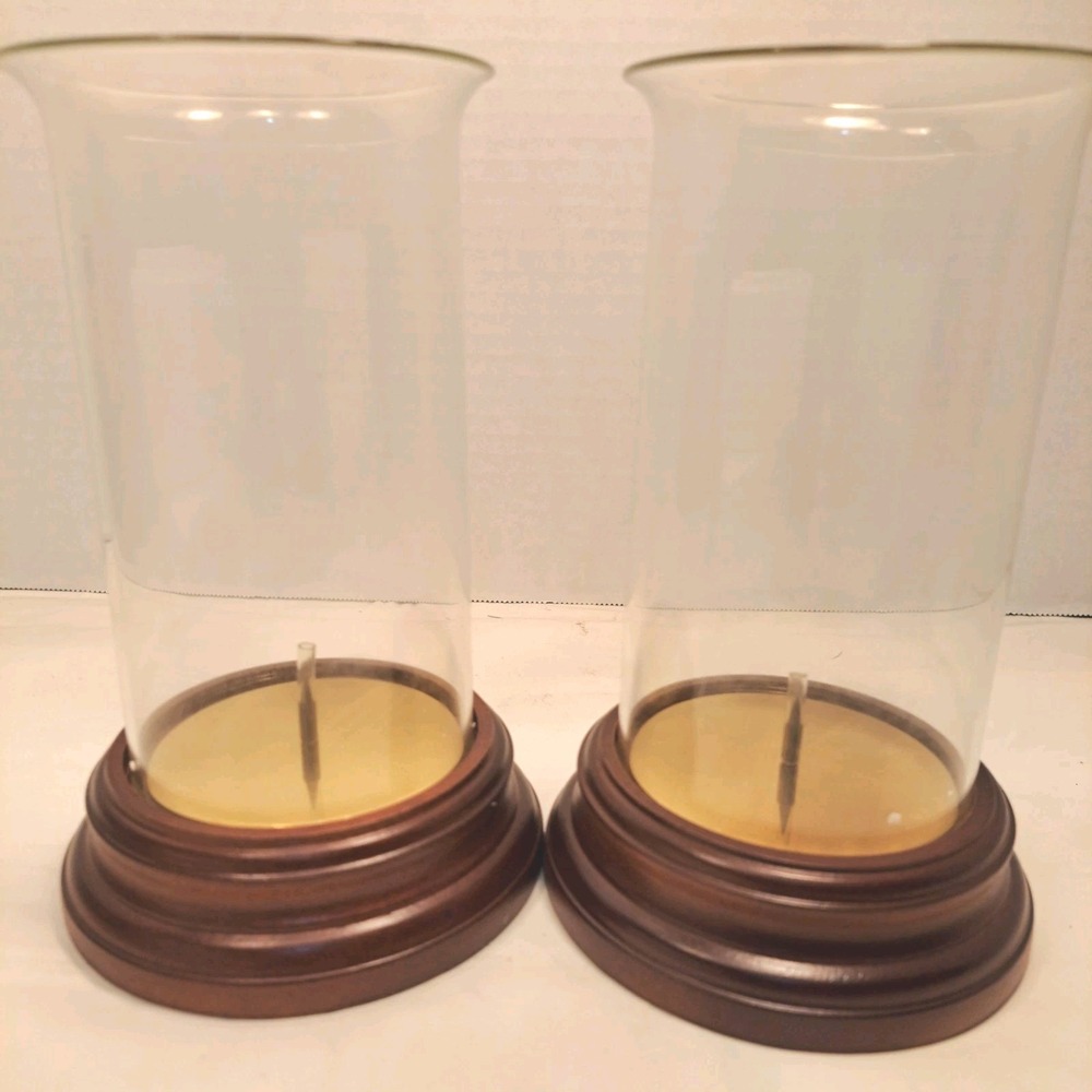 Convertible Hurricane Glass Lamp Candle Vintage Avon HEAVY WOOD BASE Lot of 2